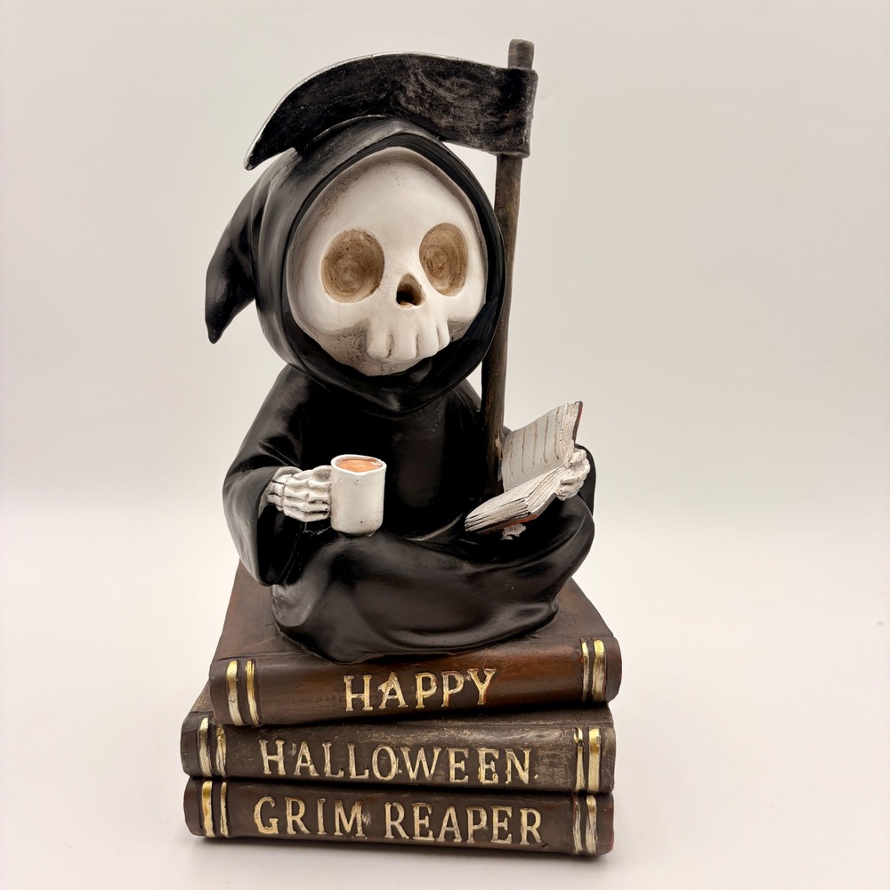 Halloween Grim Reaper Sitting on Books Coffee Scythe Resin Figurine Statue